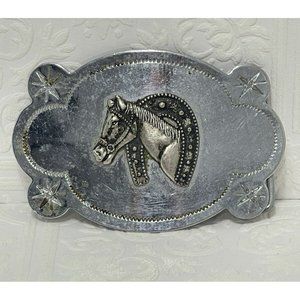 Vintage Chrome Silver Horse Head Lucky Horseshoe Cowboy Western Belt Buckle